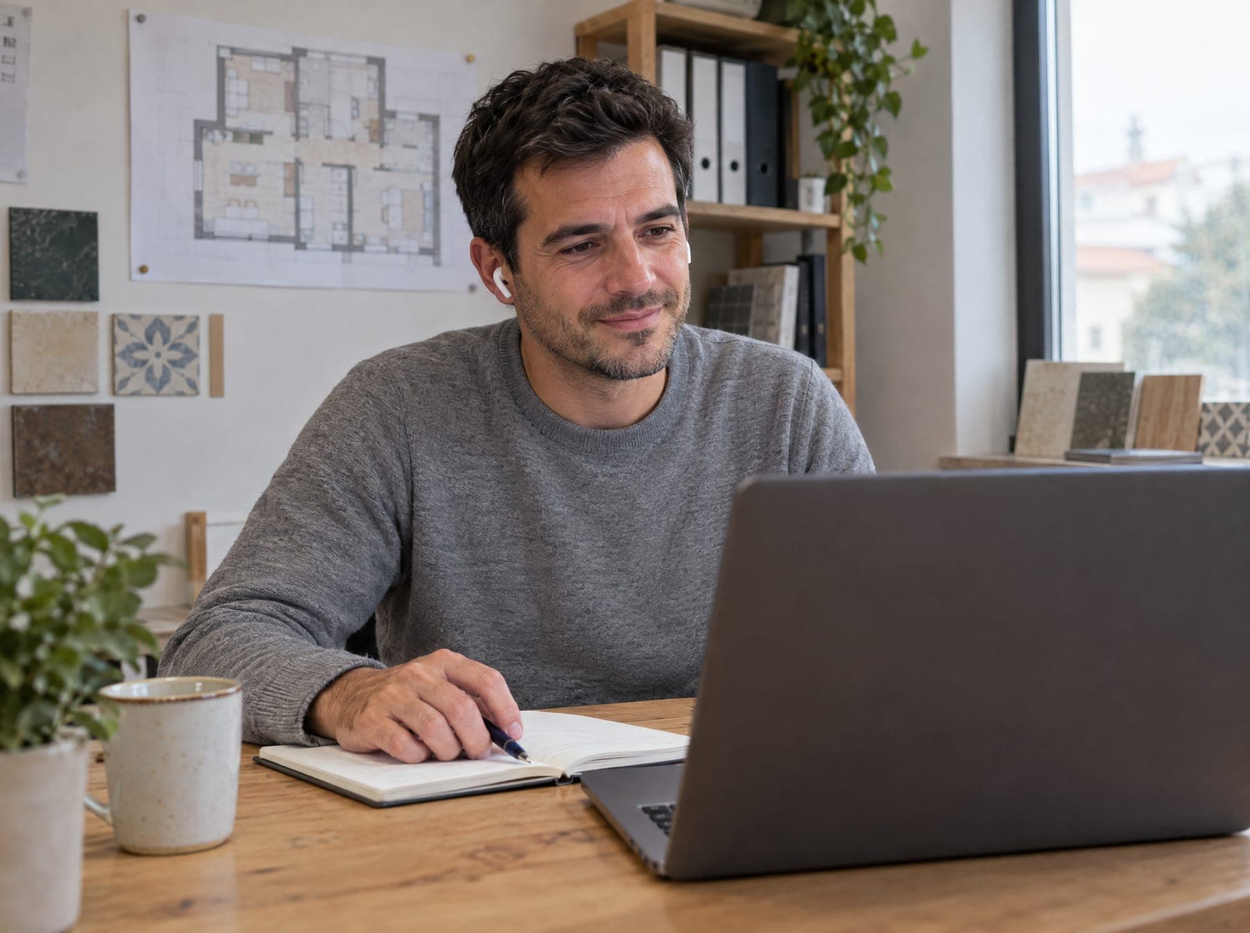 Responsable de una empresa de reformas en una videollamada desde su oficina, tomando notas